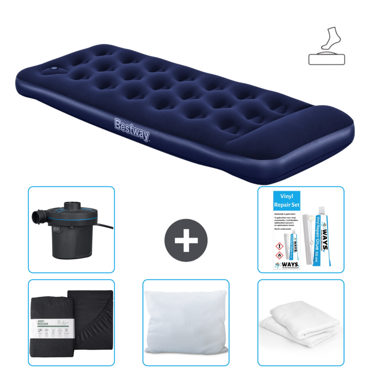 Matelas gonflable bleu Bestway avec accessoires : pompe, draps, oreiller et kit de réparation vinyle. Blanc.
