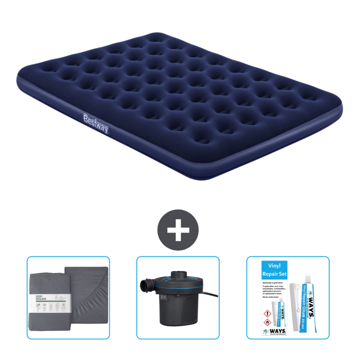 Matelas gonflable Bestway bleu avec accessoires : draps, pompe et kit de réparation.
