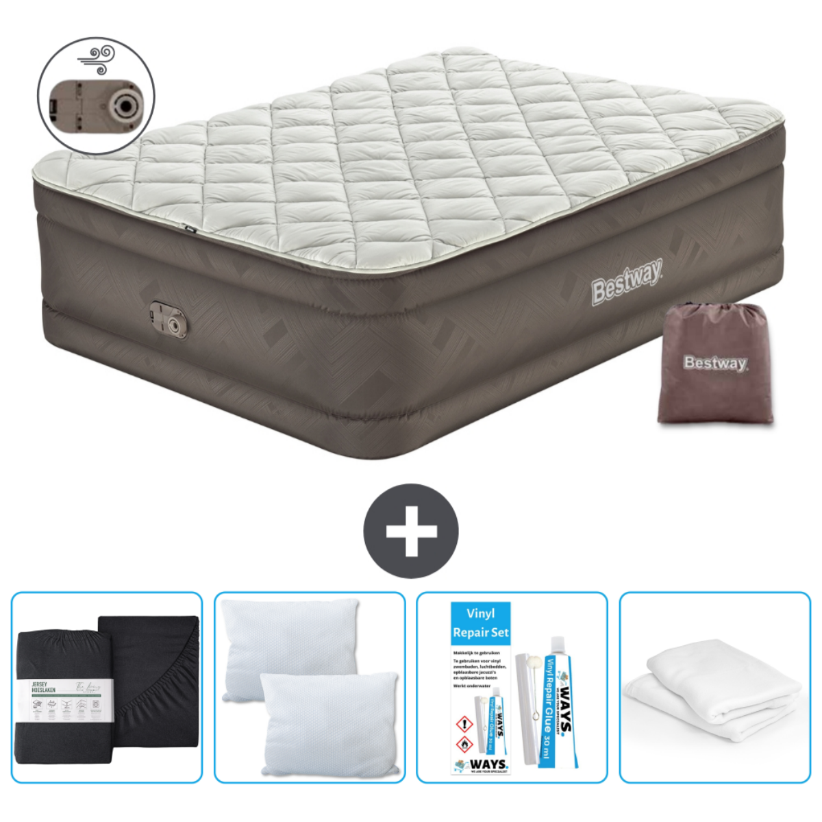 Lit pneumatique Bestway gris à motifs avec accessoires dont parure de lit et kit de réparation.