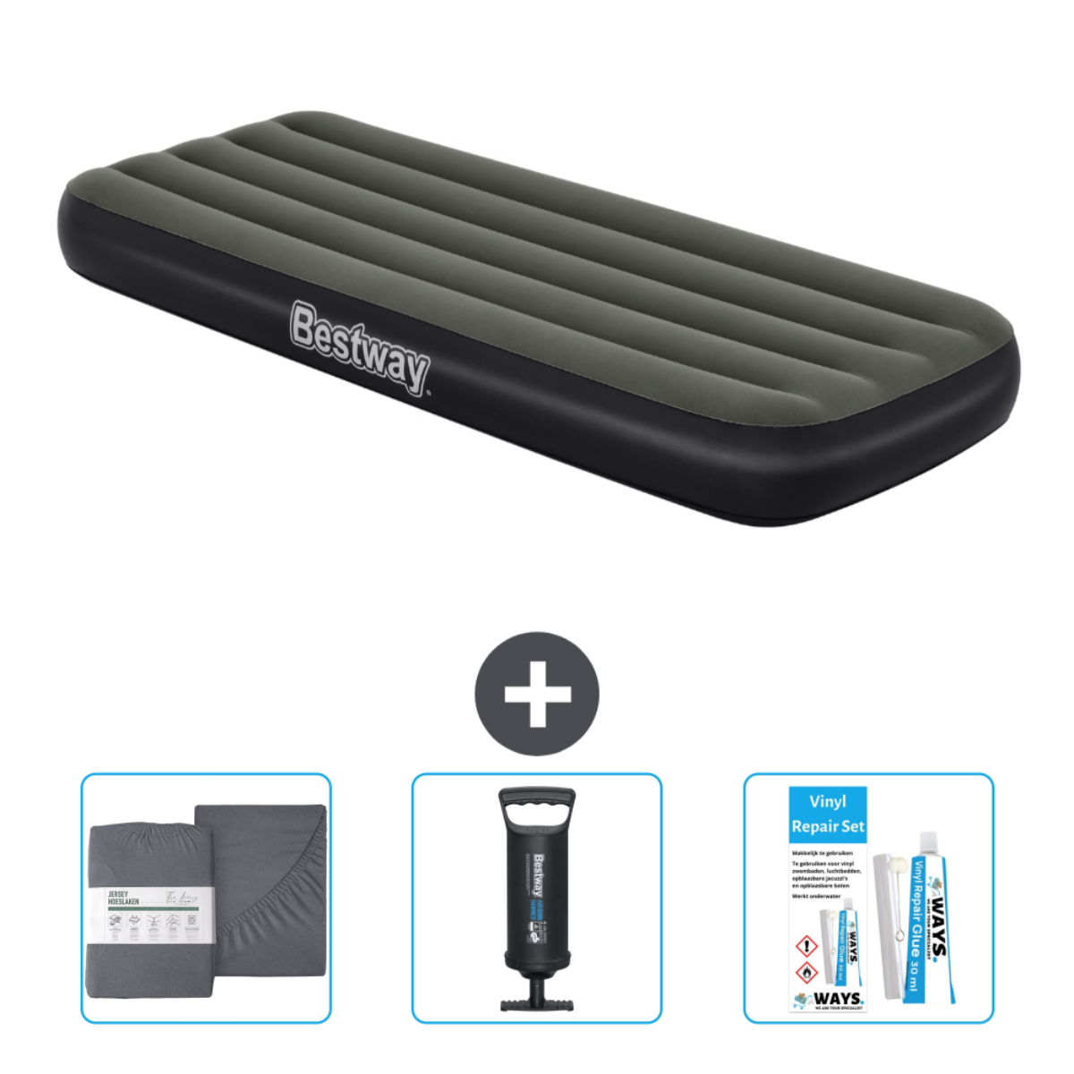 Grijs Bestway luchtmatras met pomp, lakens en reparatieset.