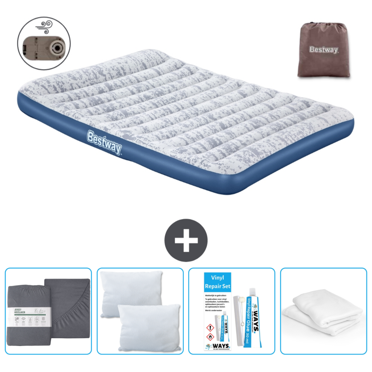 Matelas gonflable Bestway bleu et blanc, draps, oreillers et kit.