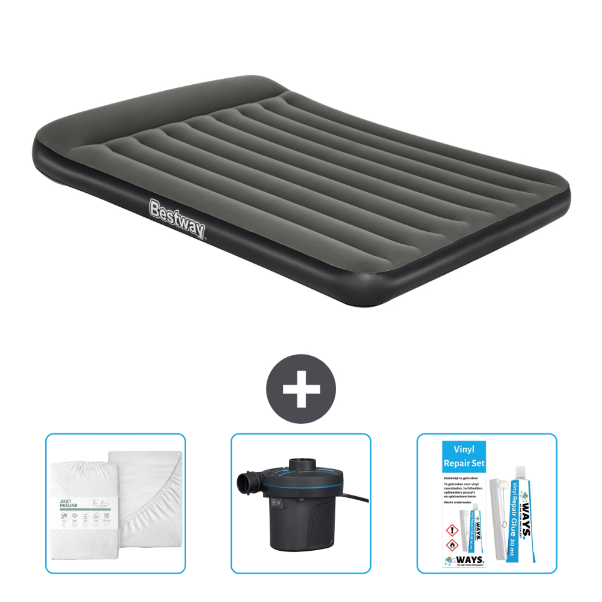 Grijs Bestway luchtbed met pomp, reparatieset en lakenset.