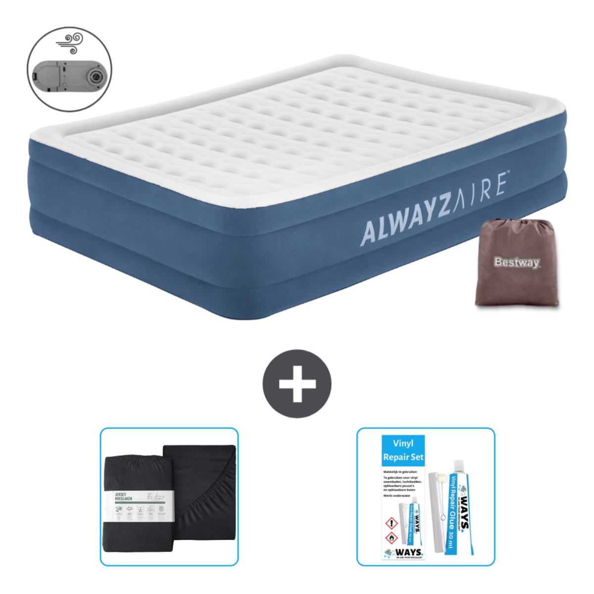 Matelas gonflable Alwaysaire bleu et blanc, draps, sac et kit.