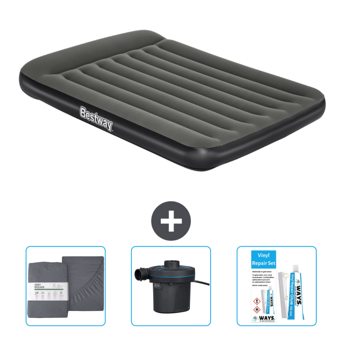 Grijs Bestway opblaasbaar matras met accessoires: lakens, pomp en vinyl reparatieset. Witte achtergrond.