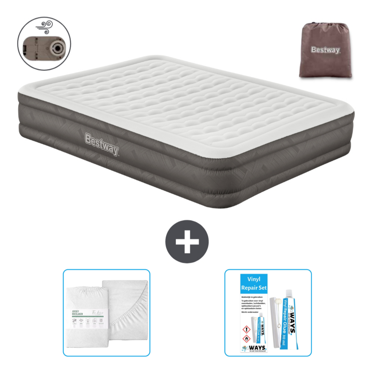 Lit gonflable blanc et gris avec logo Bestway, pompe, kit de réparation et draps en bundle.