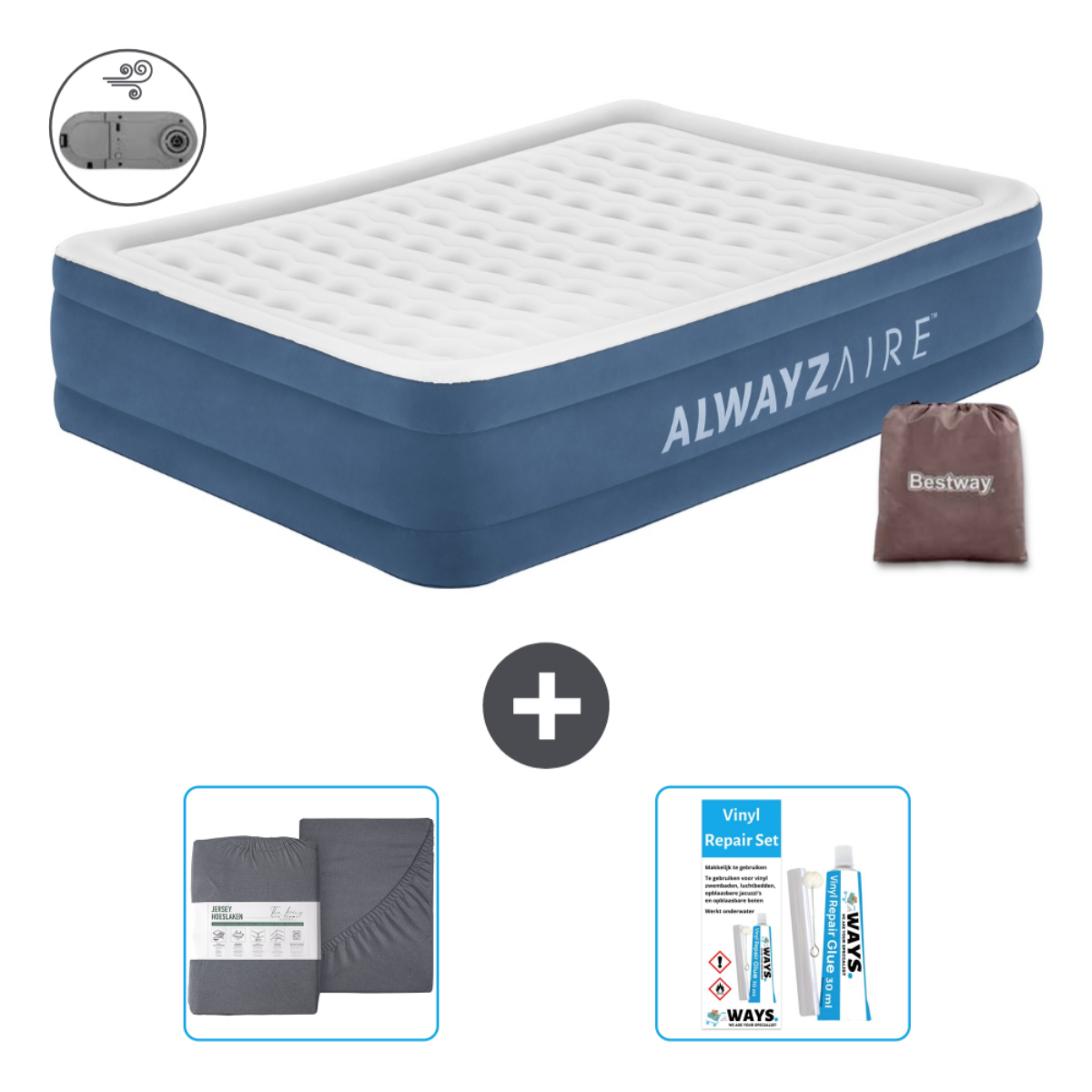 Un matelas gonflable Alwaysaire, un kit de réparation, des draps et une pompe à air sont présentés.