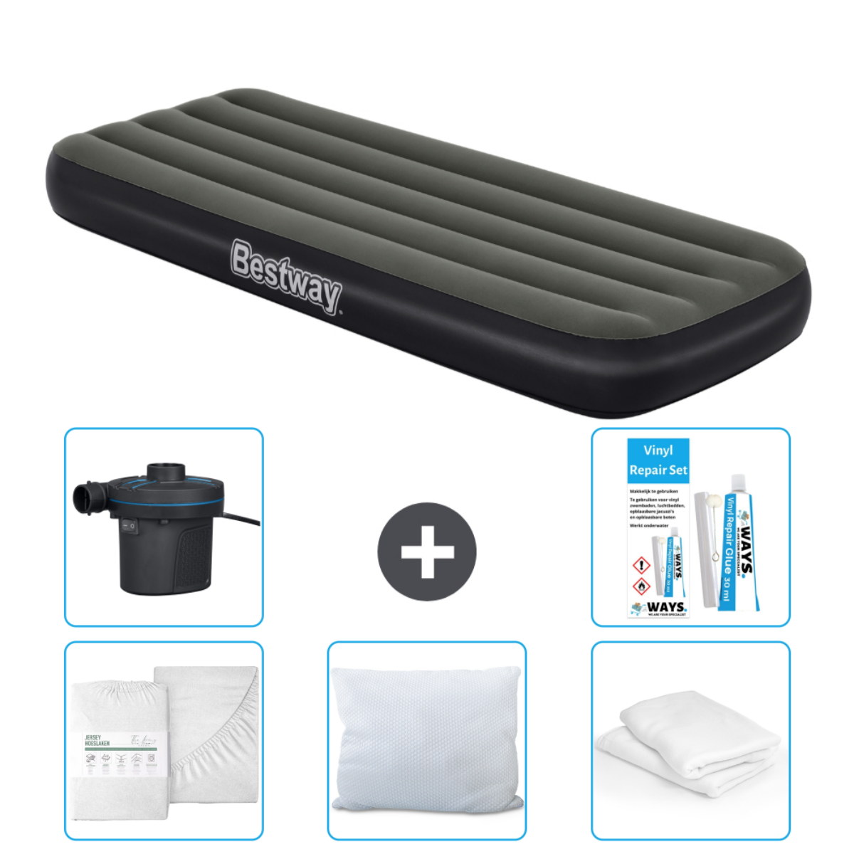 Grijze Bestway luchtbedset met pomp, reparatieset, wit beddengoed en kussen.