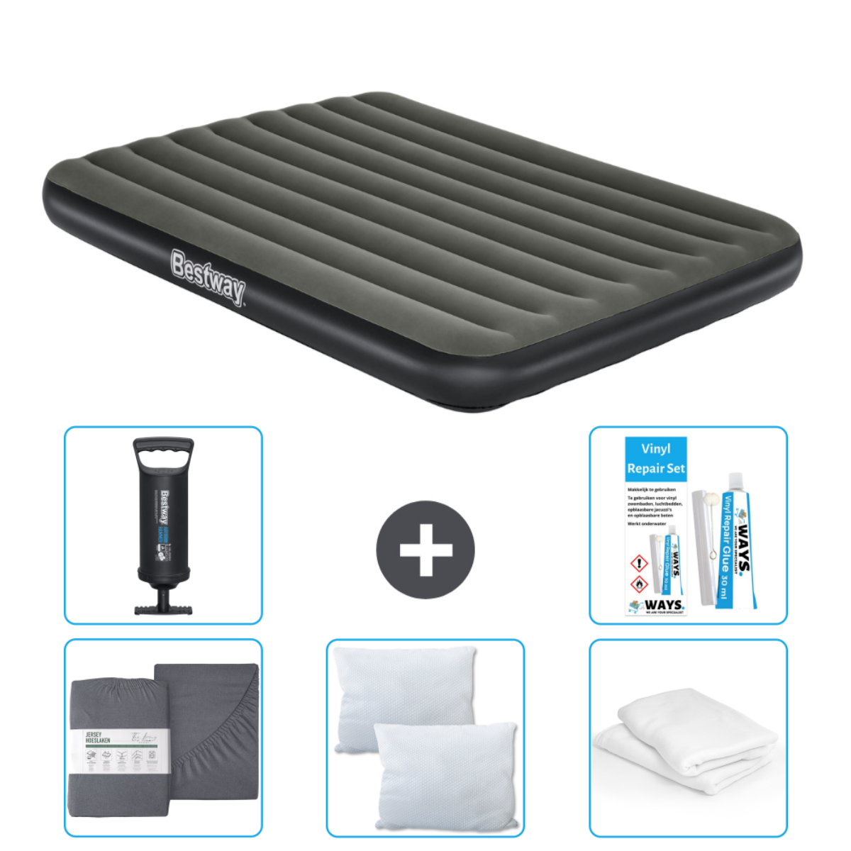 Matelas gonflable gris avec logo Bestway, pompe manuelle, kit réparation, oreillers et draps.