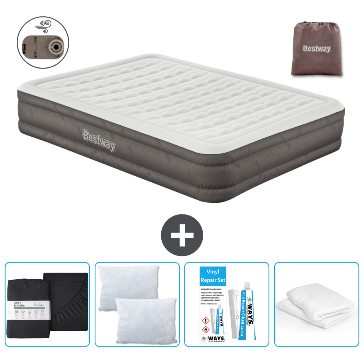 Matelas gonflable Bestway blanc et gris avec accessoires, dont un kit de réparation et des draps. Sac marron.