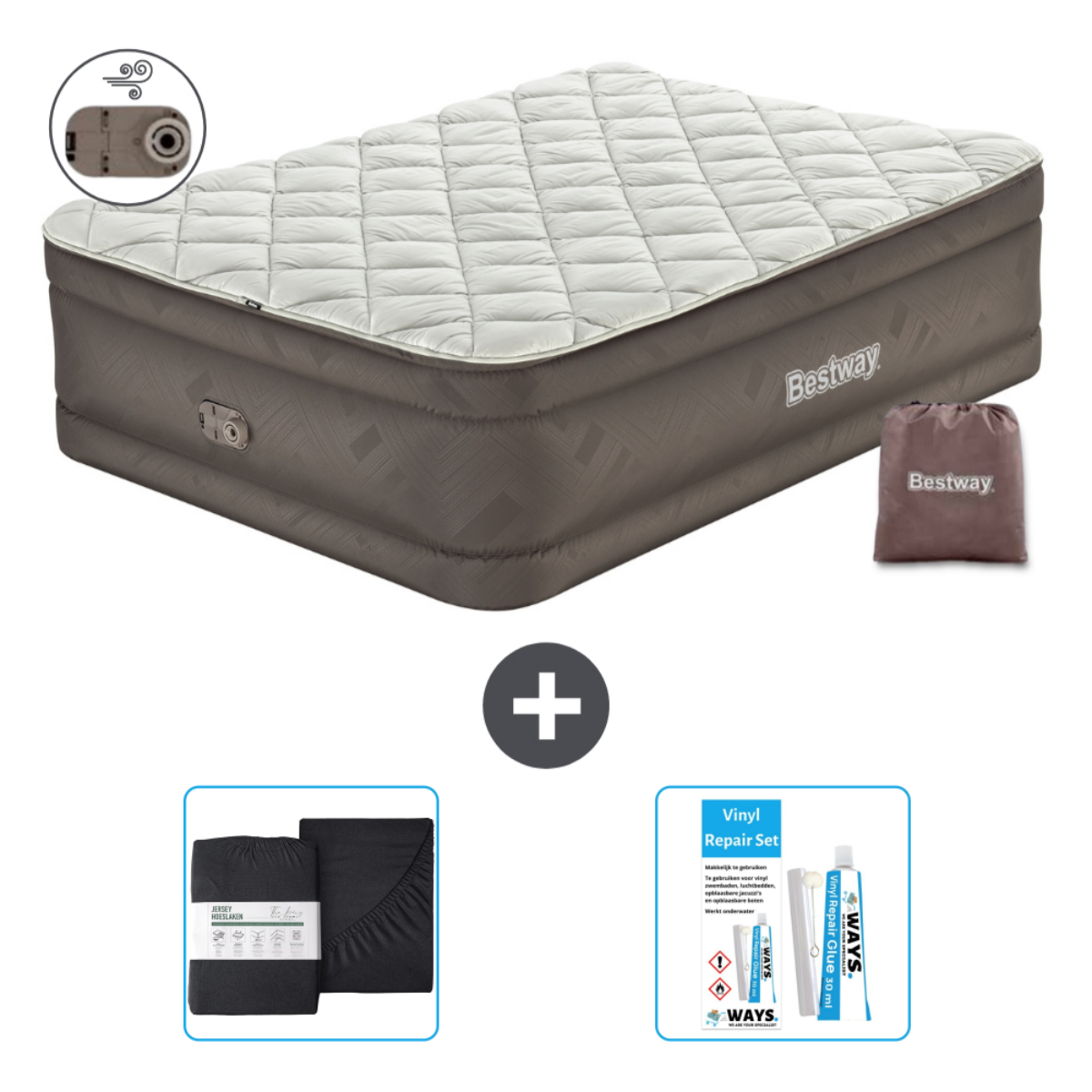 Een Bestway luchtmatras, tas, reparatieset, lakens en kussens. Inclusief pomp.