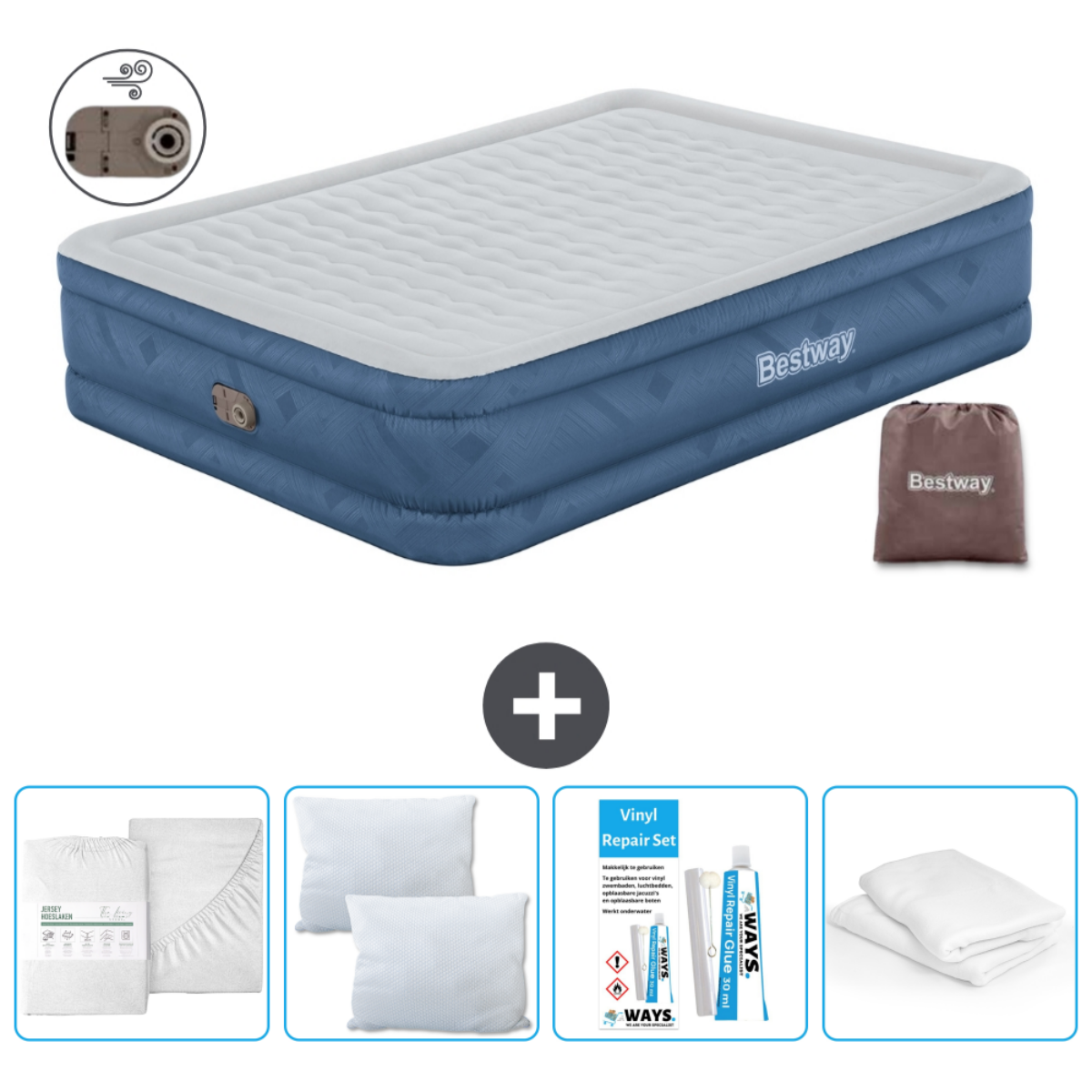 Blauw Bestway luchtbed met accessoires: pomp, lakens, kussens en reparatieset.