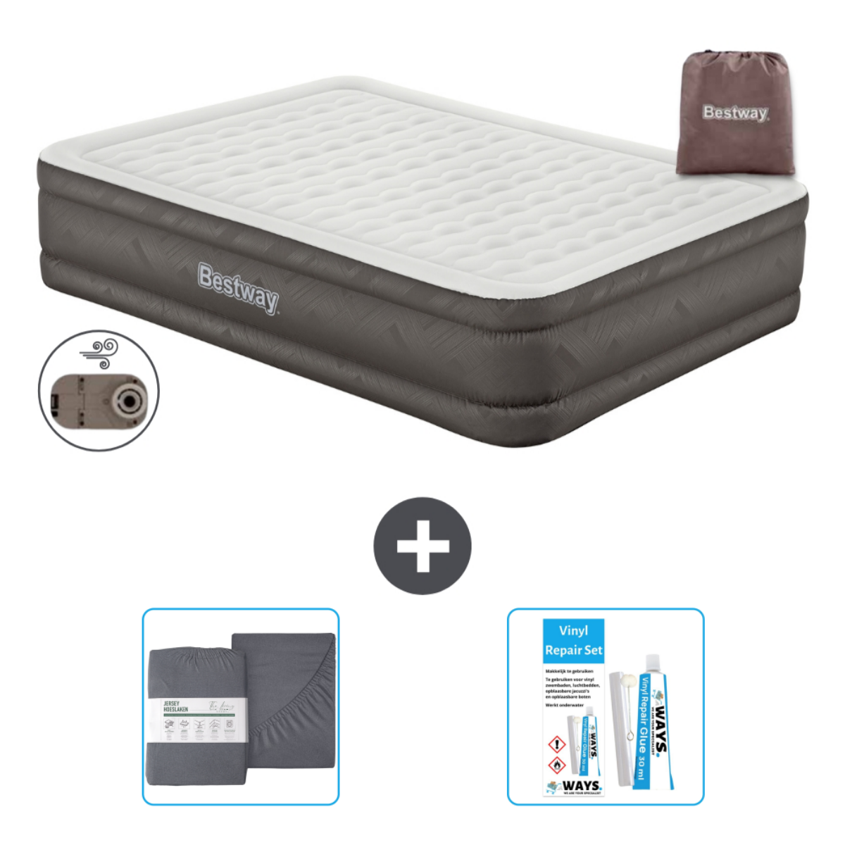 Matelas gonflable Bestway blanc et gris avec pompe, kit de réparation et draps.