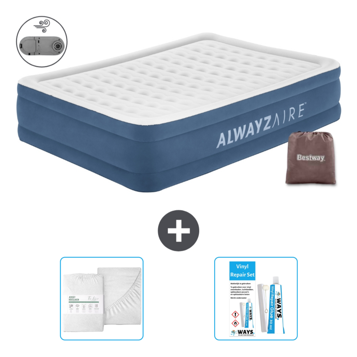 Blauw luchtbed met "ALWAYZAIRE" tekst en accessoires, waaronder lakenset en reparatieset.