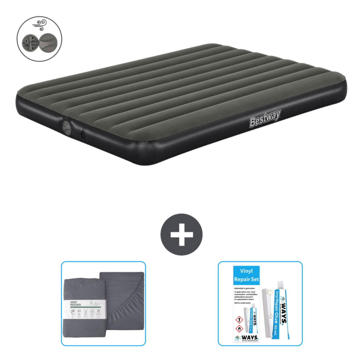 Grijs Bestway luchtbed met een reparatieset en een lakenset.