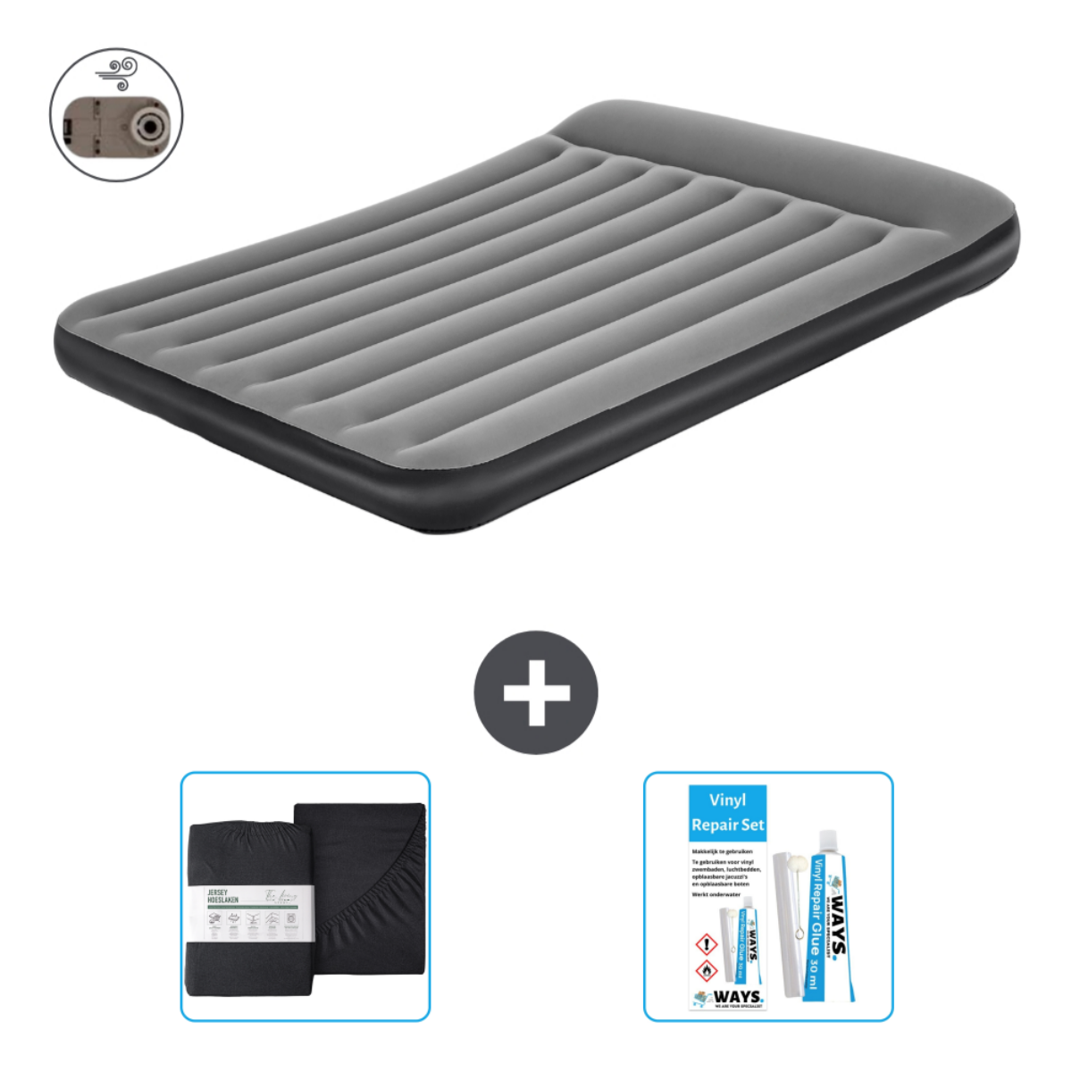 Un matelas gonflable gris, une housse et un kit de réparation.