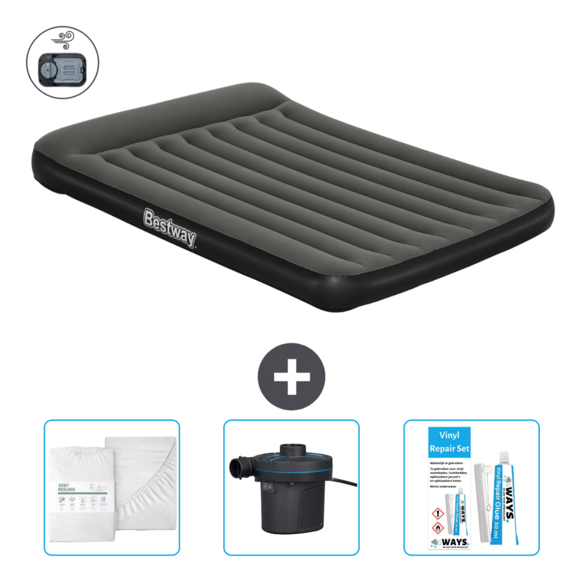 Ensemble matelas gonflable Bestway gris avec pompe, kit réparation, literie blanche et noire.