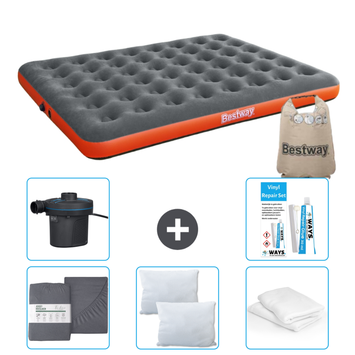 Matelas gonflable gris et orange Bestway avec accessoires: pompe, draps, kit et oreillers.