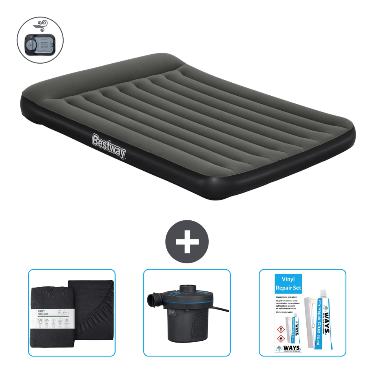 Matelas gonflable gris Bestway avec pompe, drap et kit de réparation. Fond noir.