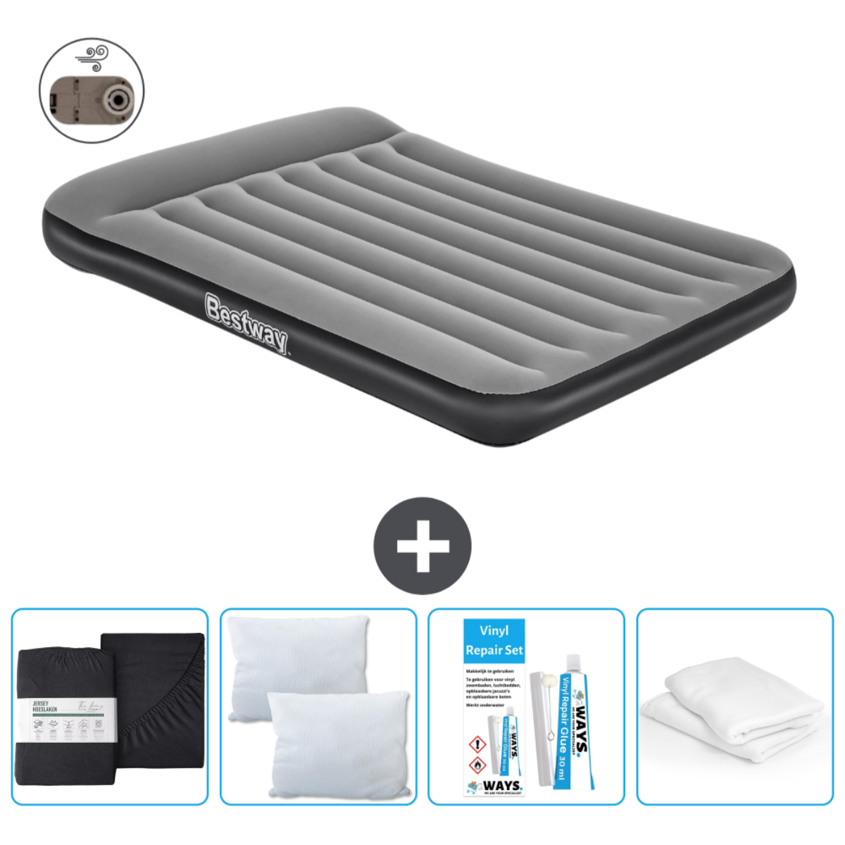 Ensemble matelas gonflable Bestway gris, kit de réparation, literie blanche et noire, et oreillers.