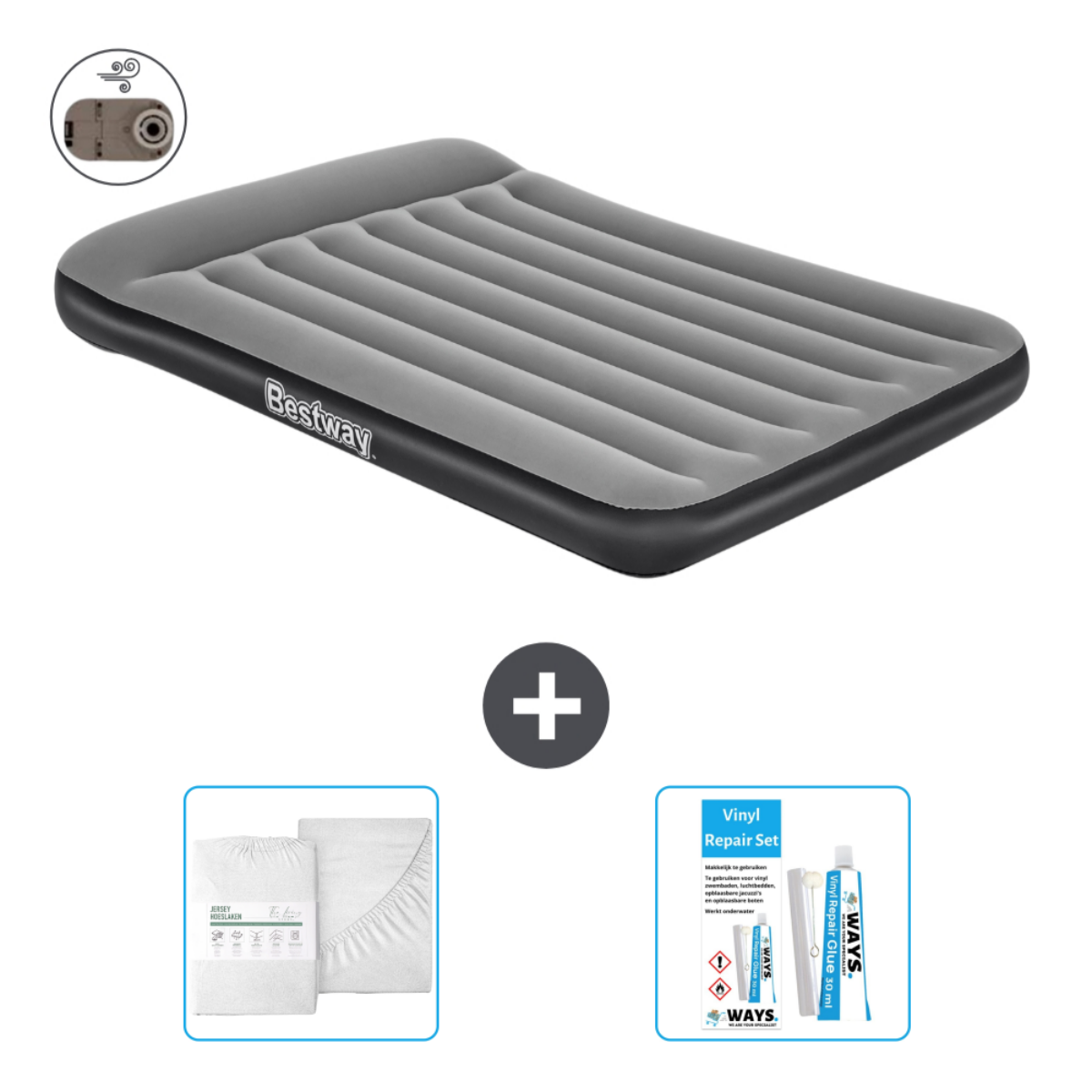 Matelas gonflable Bestway gris, pompe, draps, kit de réparation. Fond blanc.
