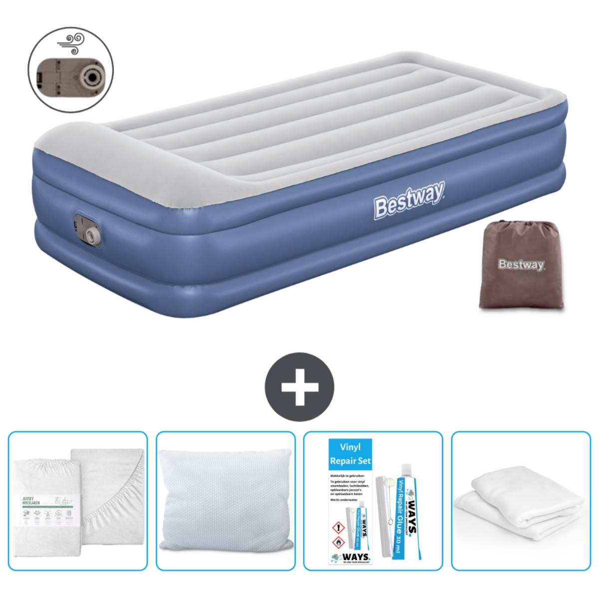 Blauw Bestway luchtbed met accessoires: pomp, lakens, kussens en reparatieset.