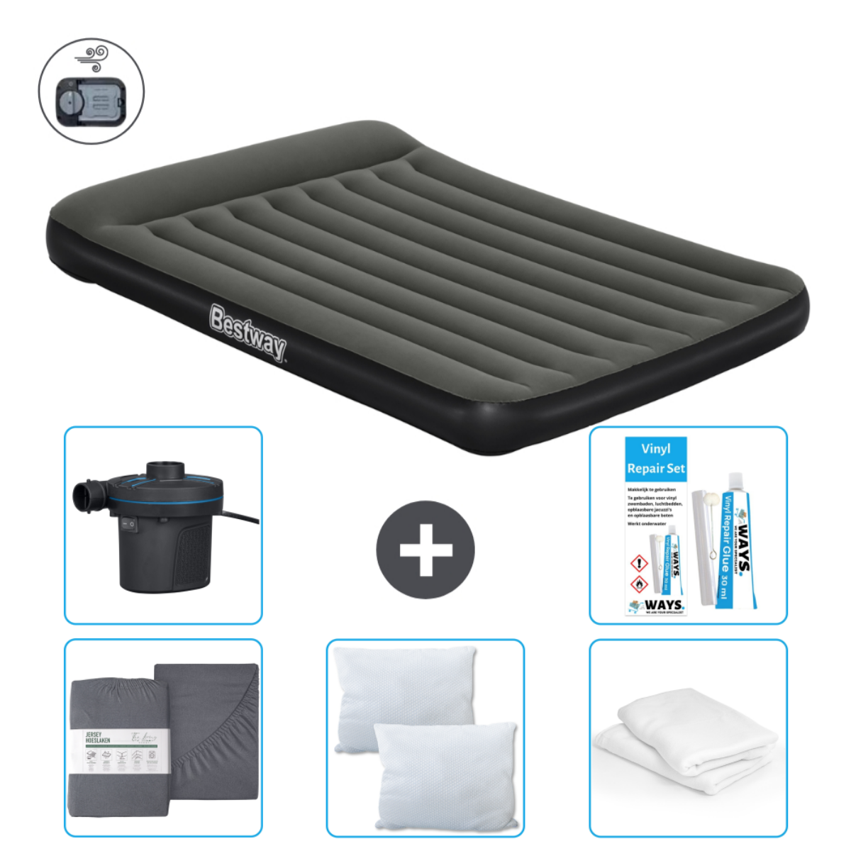 Grijze Bestway luchtmatras met accessoires: lakens, pomp, kussens en reparatieset.