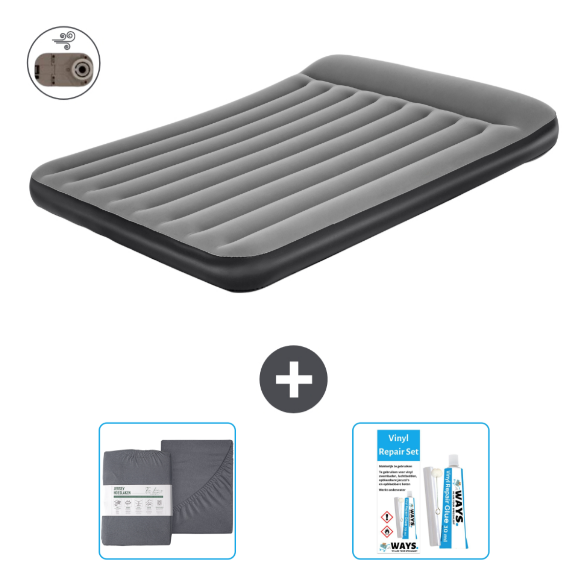 Matelas pneumatique gris avec pompe et kit de réparation, plus un ensemble de draps.