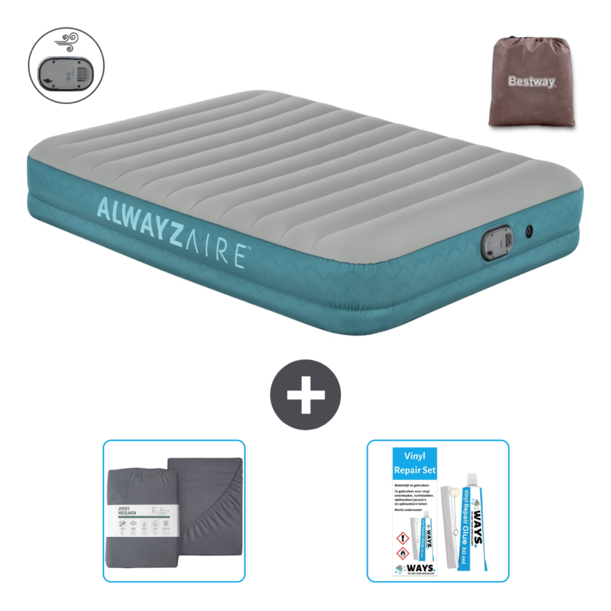 Matelas gonflable Alwaysaire gris et bleu, draps, kit réparation et sac. Fond blanc.