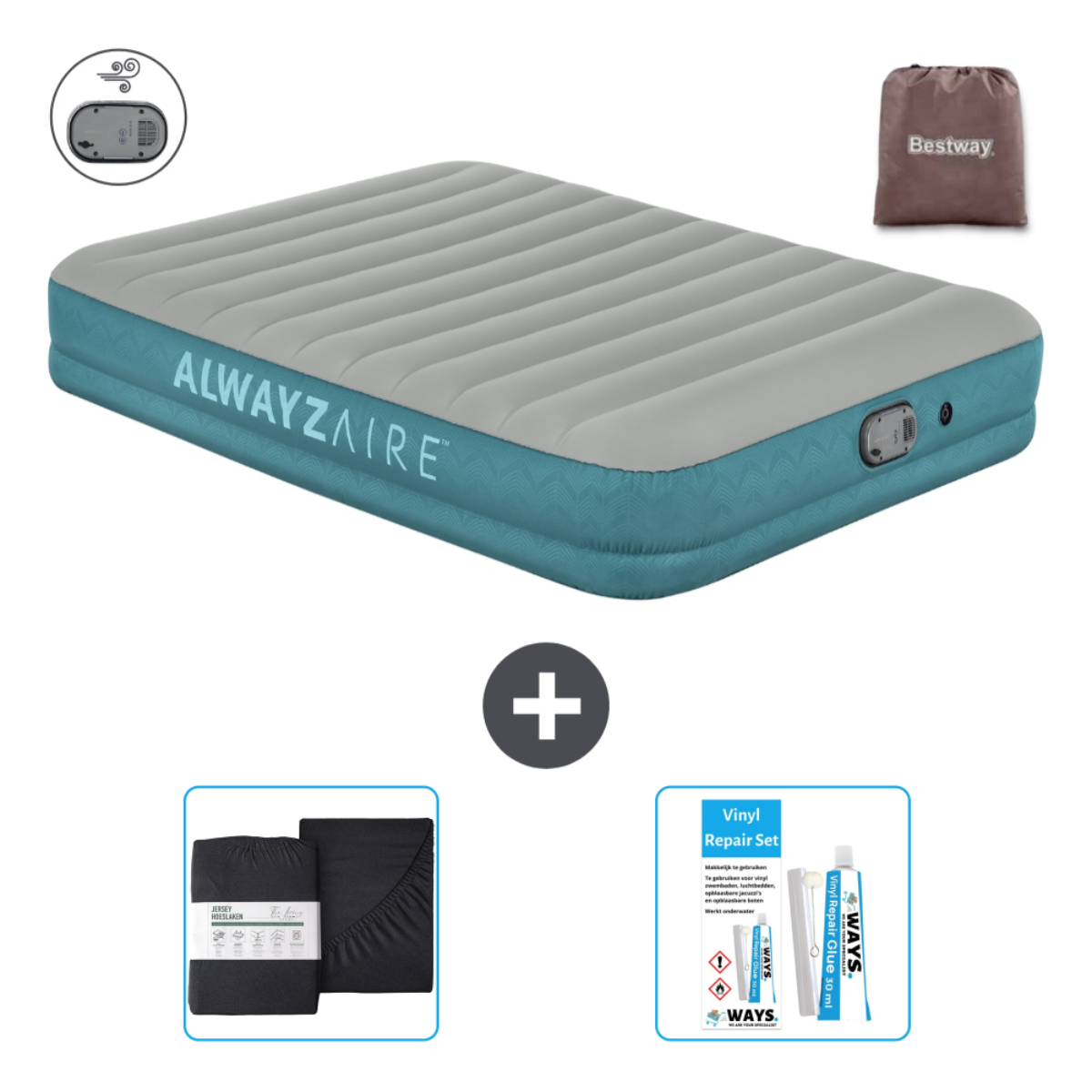 Grijs en blauwgroene Alwaysaire matras met laken en reparatieset. Witte achtergrond.