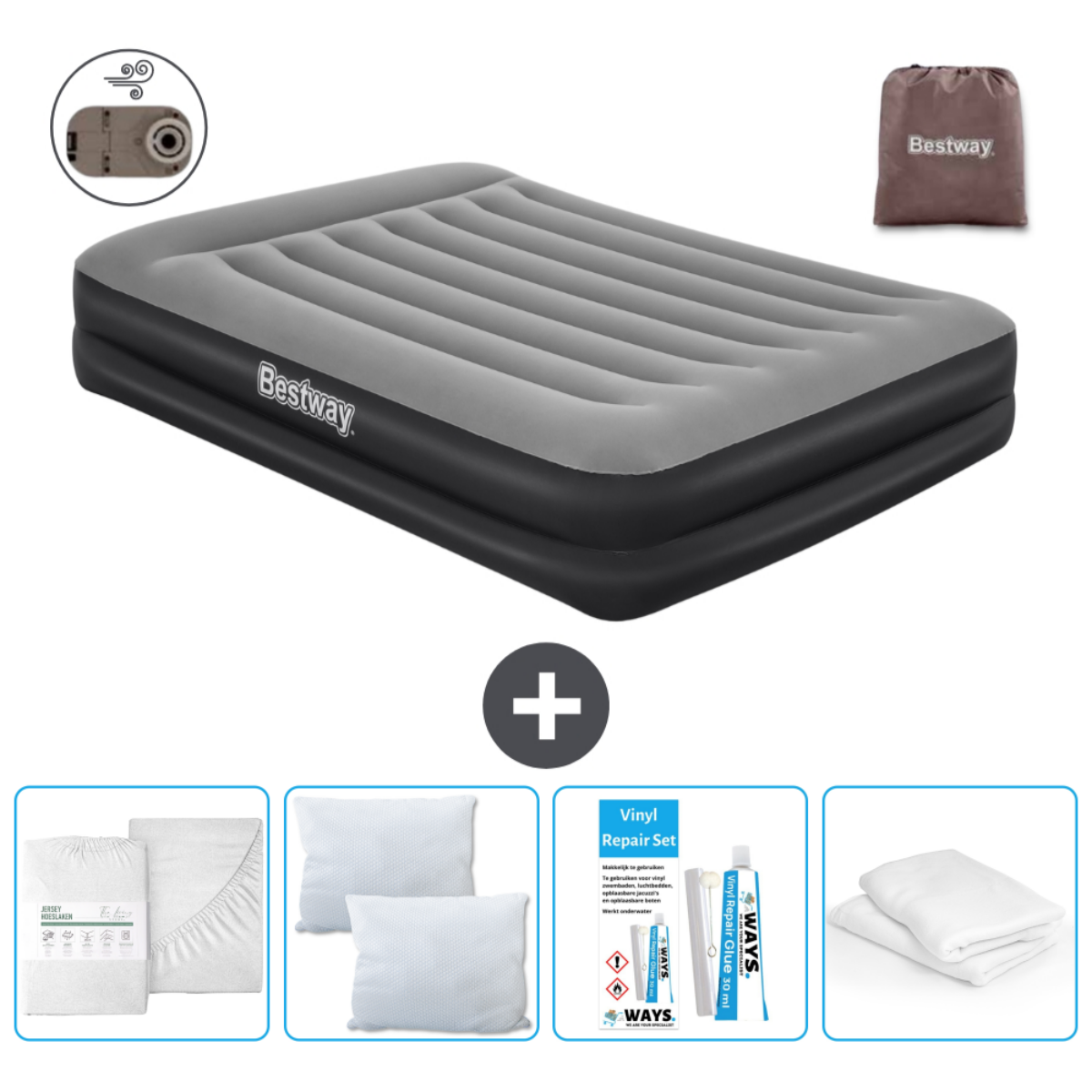Grijs Bestway luchtbed met pomp, reparatieset, kussens en lakens.
