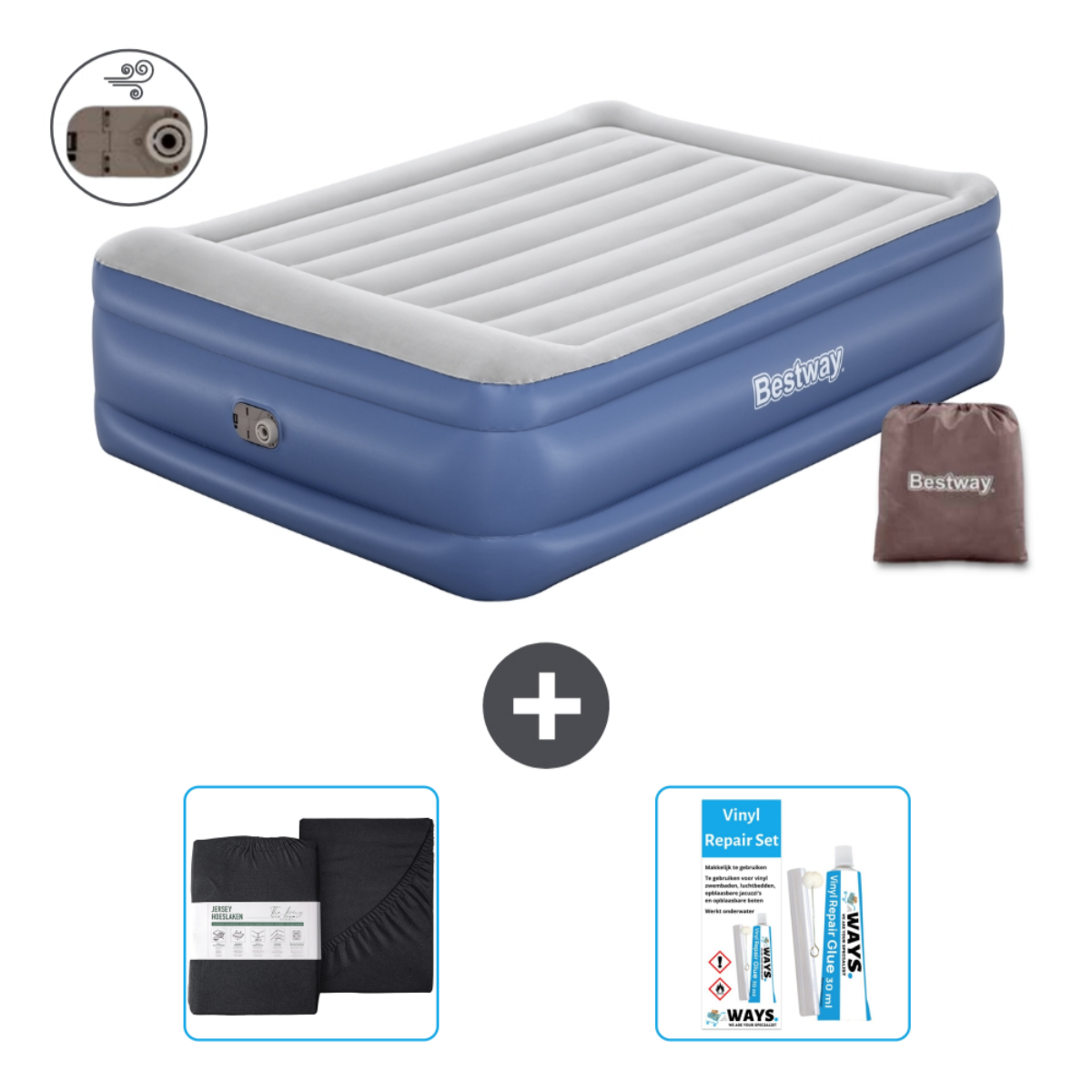 Een opblaasbare luchtmatras, een hoes, een reparatieset en een tas. De matras is blauw en wit.
