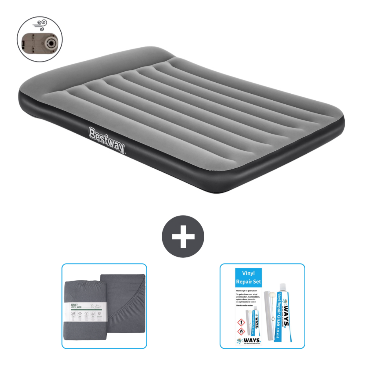 Matelas gonflable Bestway gris et noir avec draps et kit de réparation.