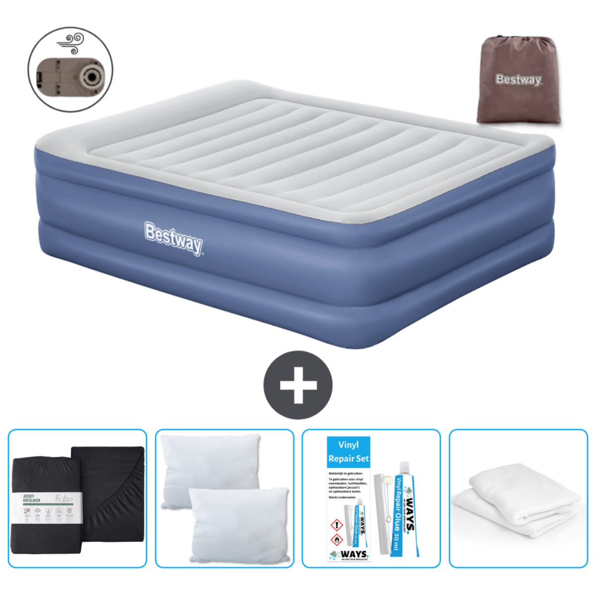 Un matelas gonflable Bestway, un sac, un kit de réparation, des draps, des oreillers et une pompe.