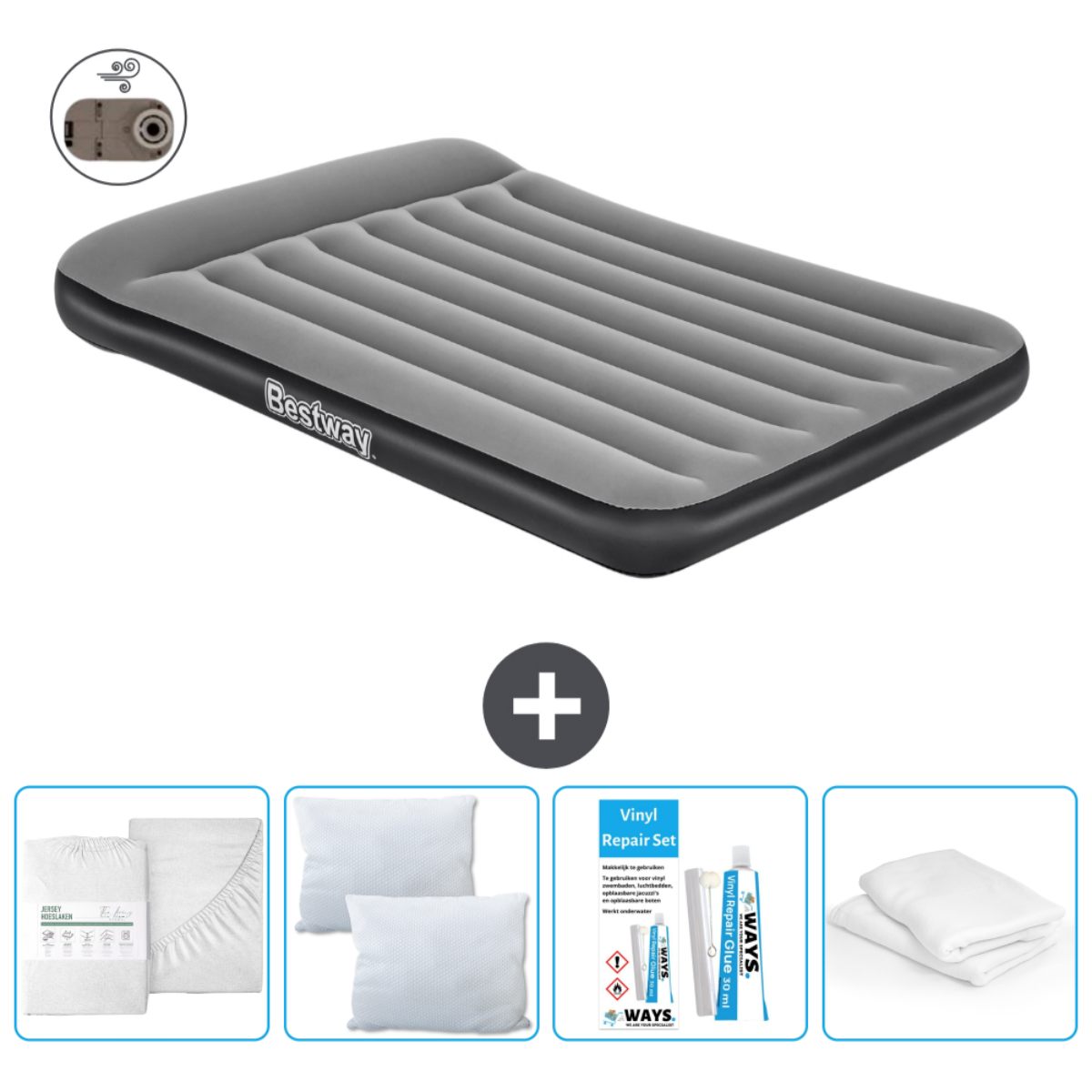 Matelas gonflable Bestway gris, accessoires: draps, oreillers, kit de réparation. Graphique: aération.