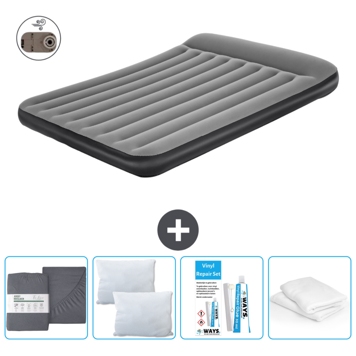 Matelas gonflable gris Bestway avec accessoires et kit de réparation. Fond blanc.