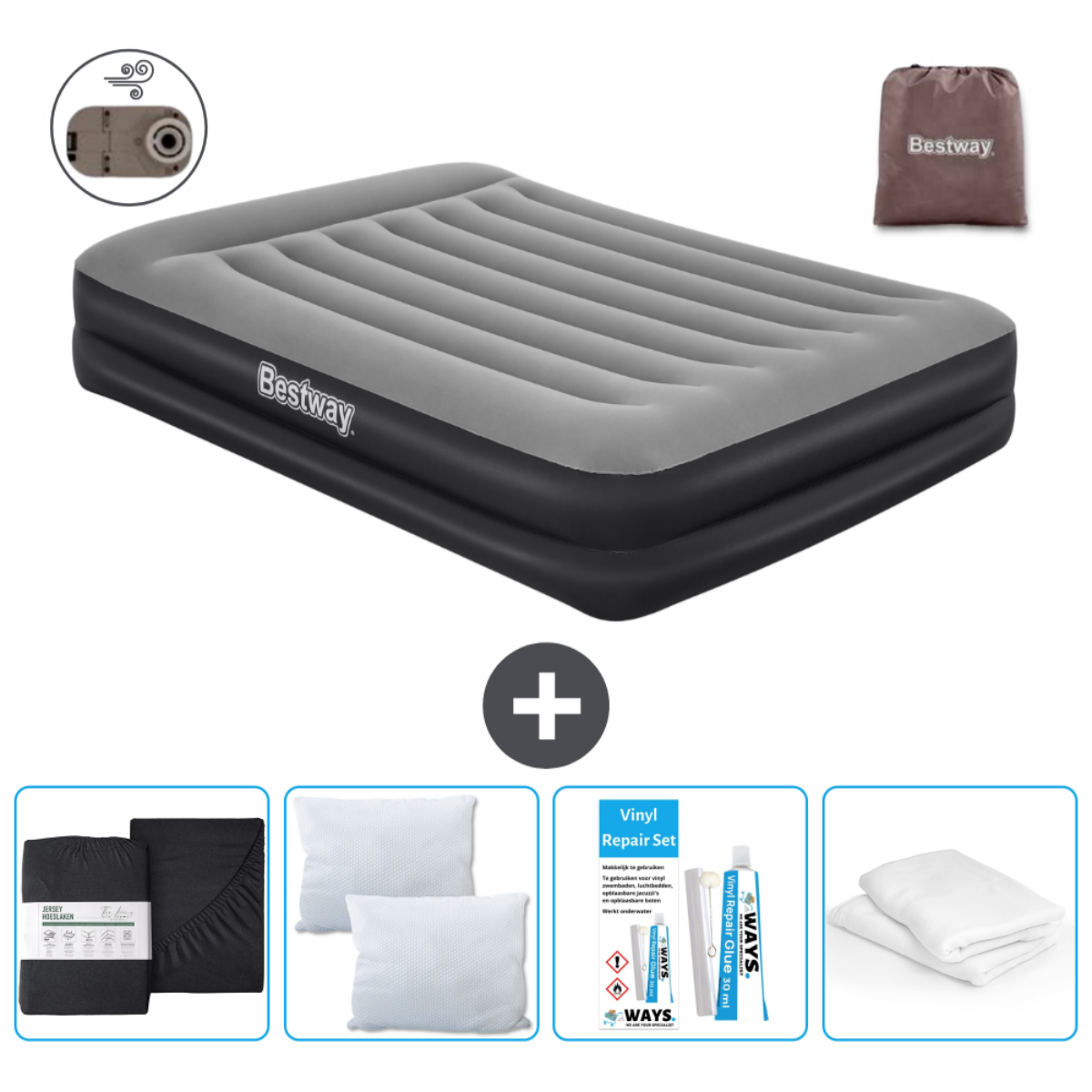 Matelas gonflable Bestway gris avec accessoires : pompe, draps, oreillers et kit de réparation.