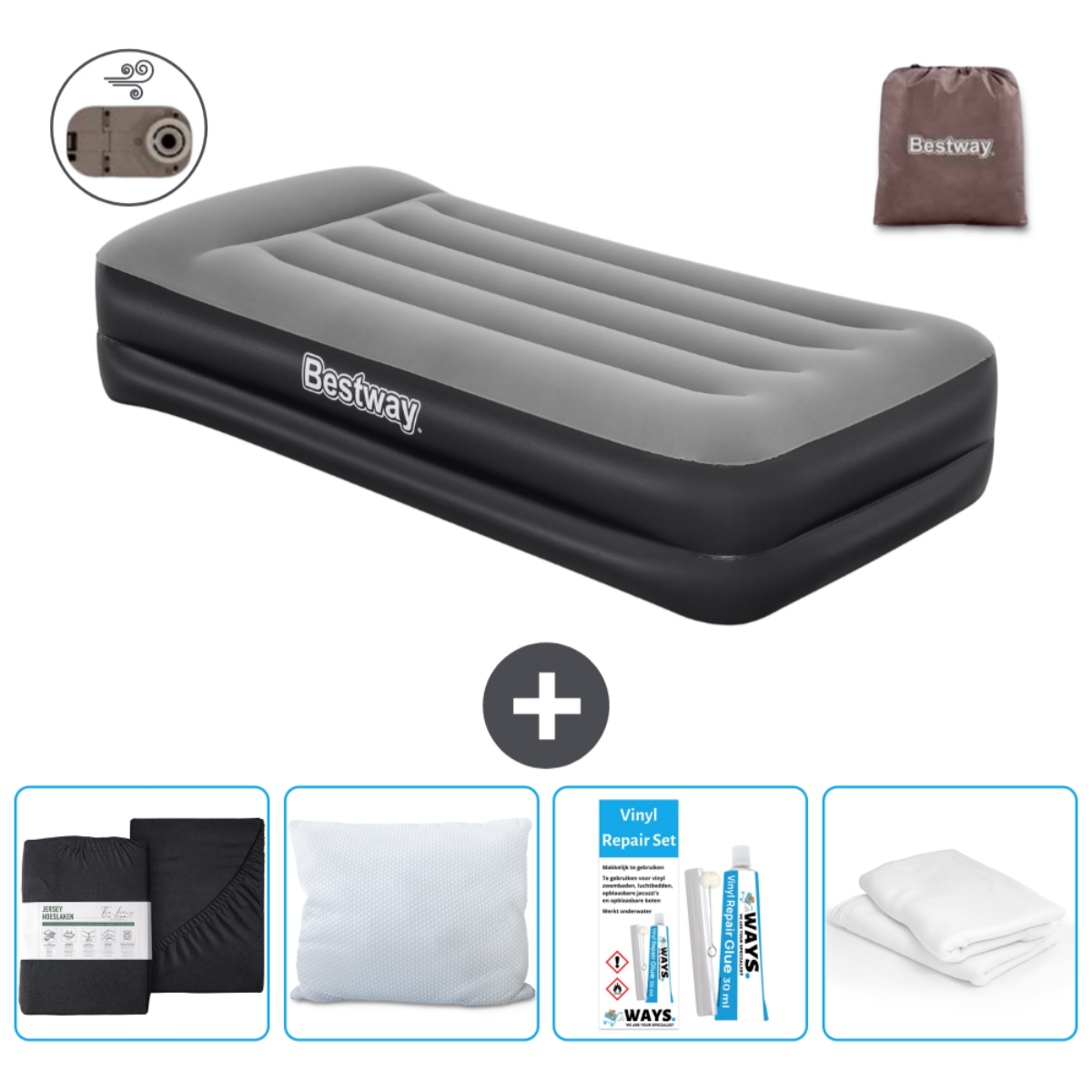 Matelas gonflable Bestway gris, pompe, draps, oreiller, kit réparation, sac. Fond blanc.