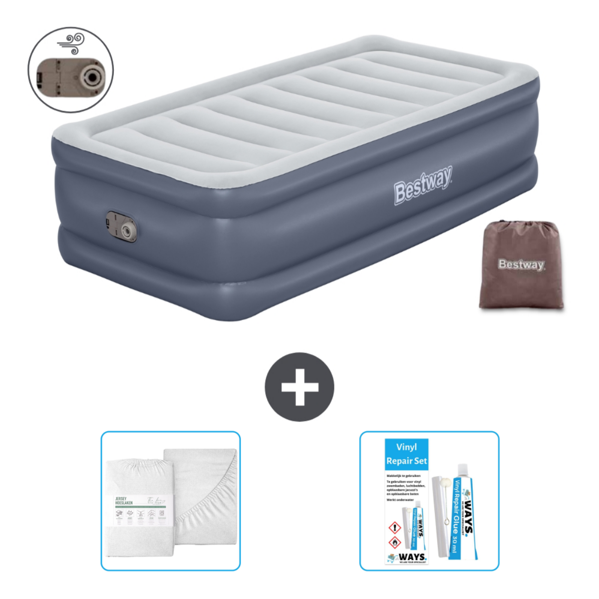 Grijze Bestway luchtmatras met laken en reparatieset. Witte achtergrond.