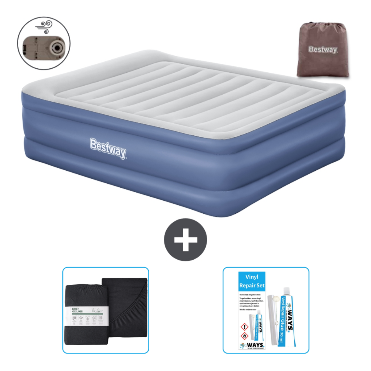Matelas gonflable Bestway bleu et blanc avec accessoires : draps, kit de réparation et pompe.