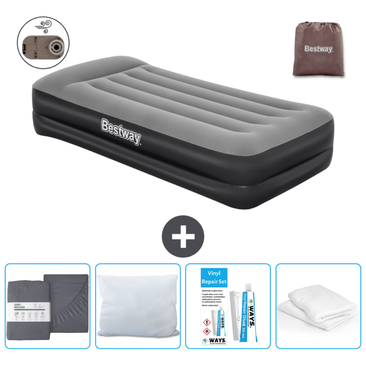 Grijze en zwarte Bestway luchtmatras met accessoires: lakens, kussen, reparatieset en pomp.