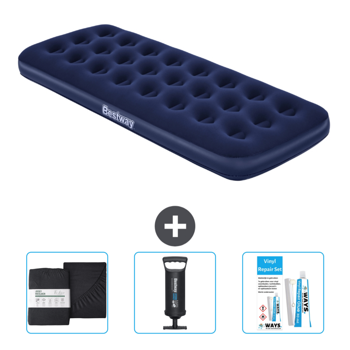 Un matelas gonflable bleu avec le logo Bestway, à côté d'un drap-housse, d'une pompe et d'un kit de réparation.