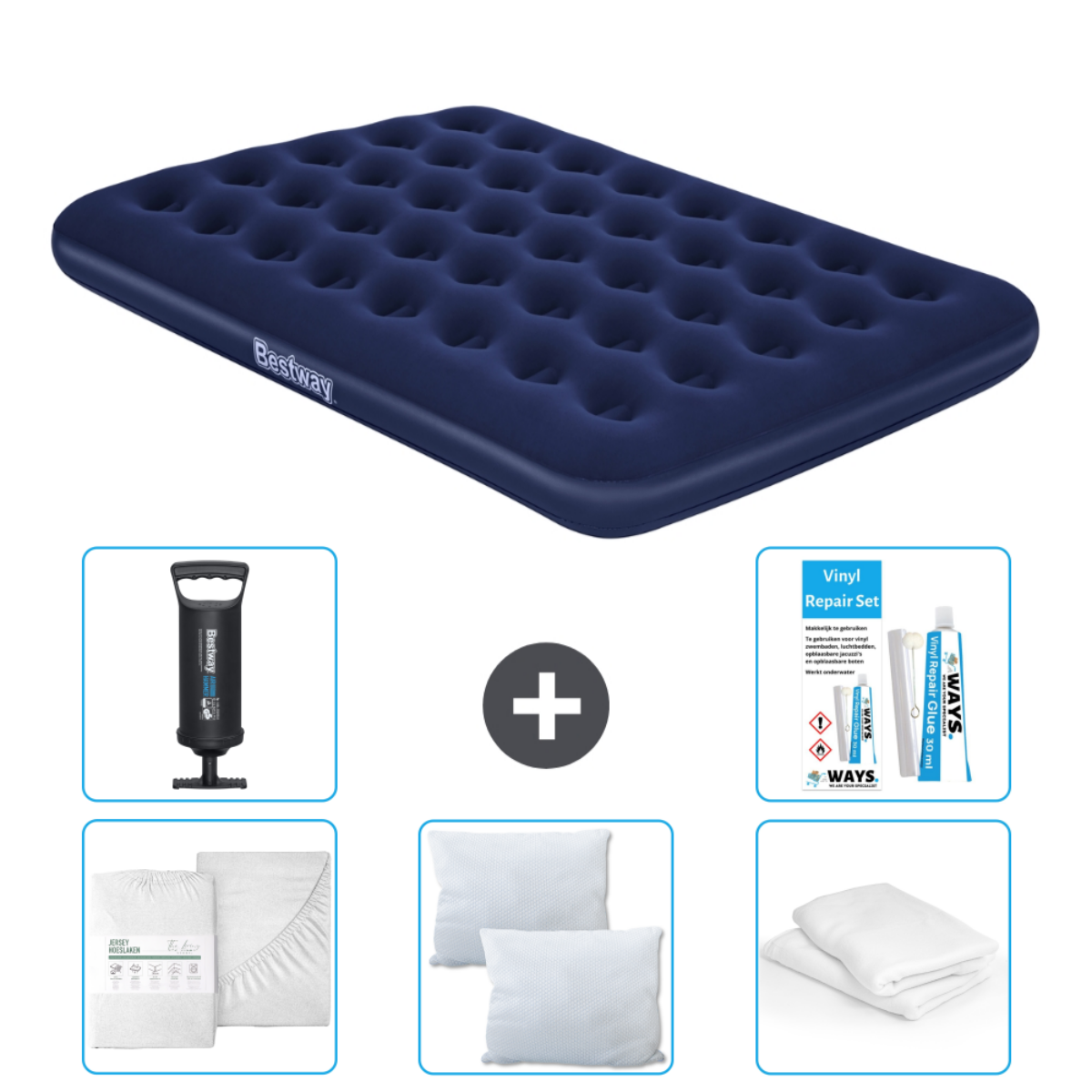 Blauw Bestway luchtbed met accessoires: pomp, lakens, kussens en reparatieset.