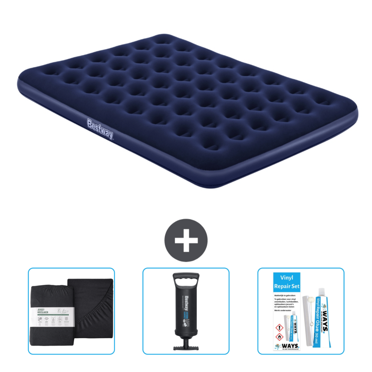 Un matelas gonflable bleu, une parure de draps, une pompe et un kit de réparation.