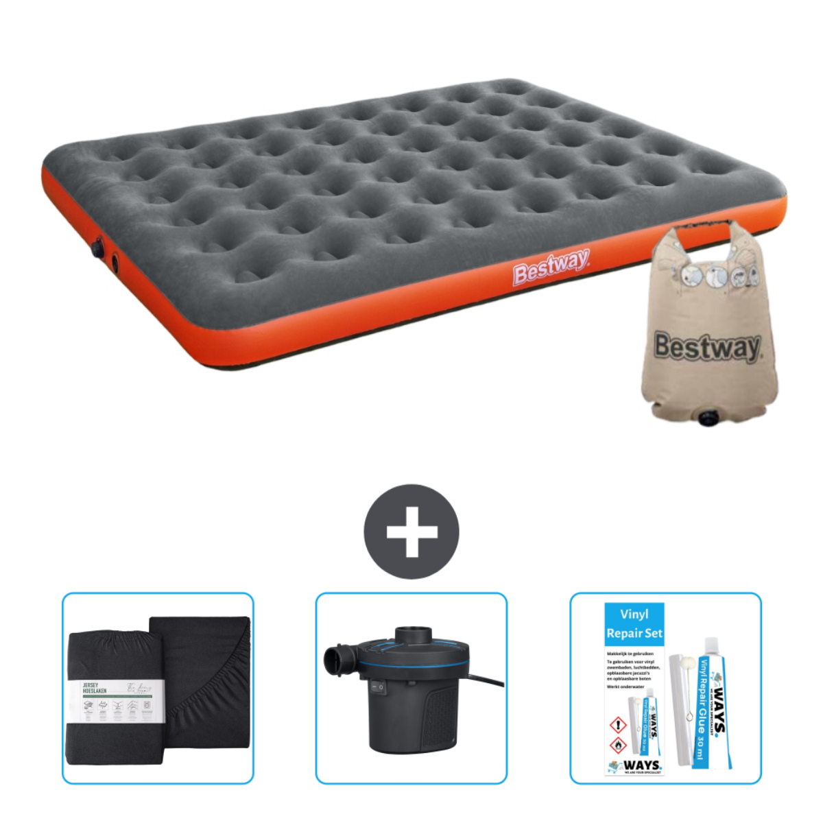 Grijze luchtmatras met oranje rand, inclusief pomp, lakens en reparatieset.