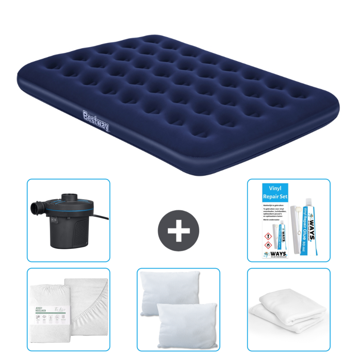 Blauw luchtmatras, met pomp, lakens, kussens en een reparatieset.