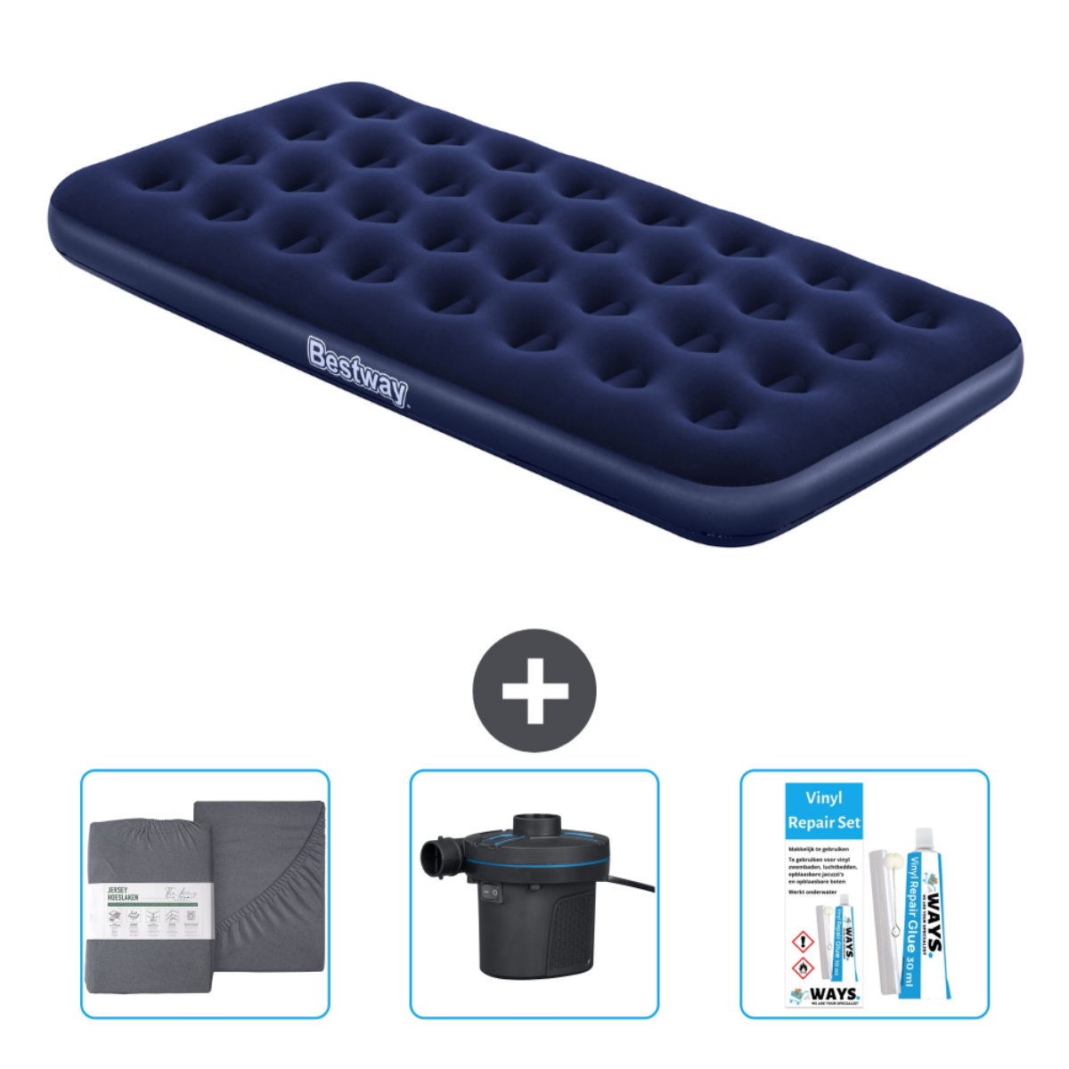 Blauwe Bestway luchtmatras met pomp, laken en reparatieset. Witte achtergrond.