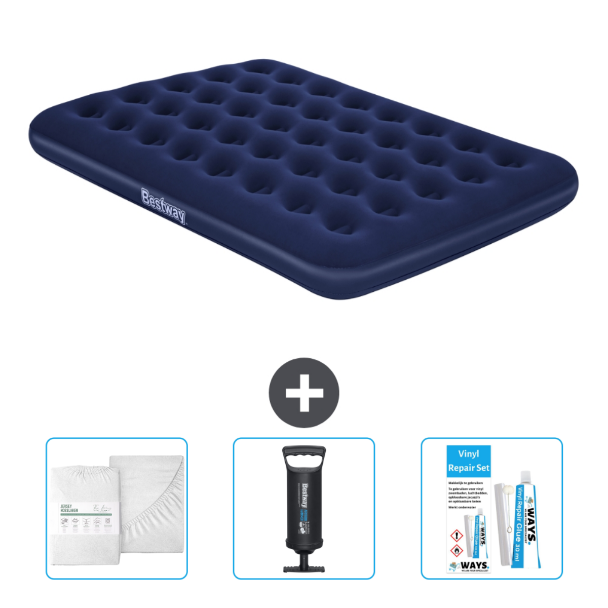 Matelas gonflable Bestway bleu foncé, accessoires: draps, pompe, kit réparation. Graphique +.
