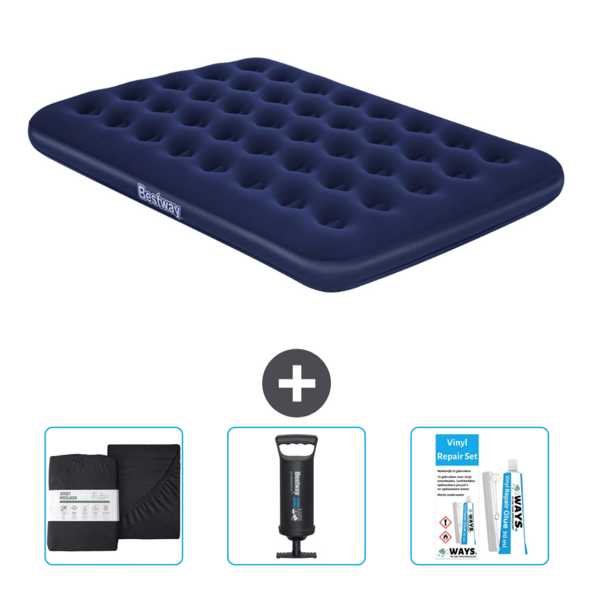 Een marineblauwe luchtmatras, een hoes, een pomp en een reparatieset.