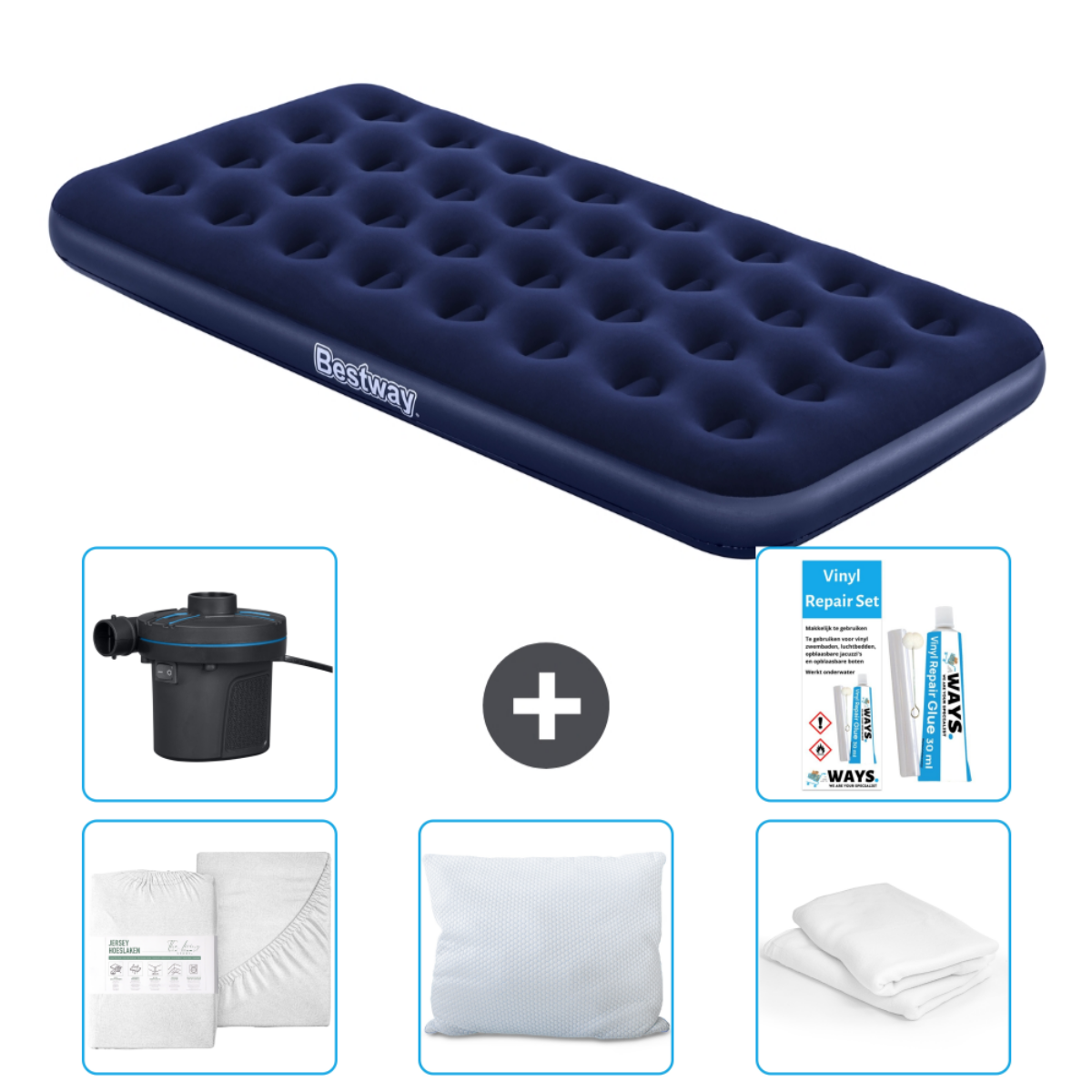 Matelas gonflable bleu avec accessoires: pompe, draps, oreiller, kit. Marque Bestway.