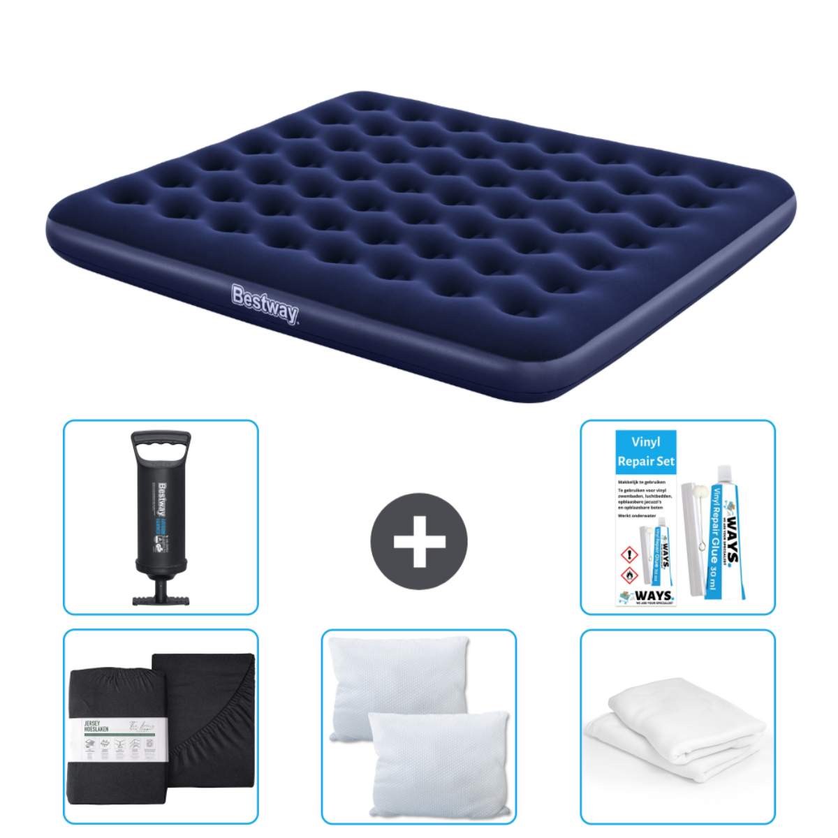 Blauw Bestway opblaasbaar matras met accessoires: pomp, lakens, kussens en reparatieset. Witte achtergrond.